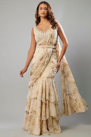 beige chiffon & tulle floral printed draped saree set