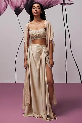 beige chiffon hand embellished cape set