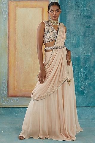 beige chinon chiffon draped saree set