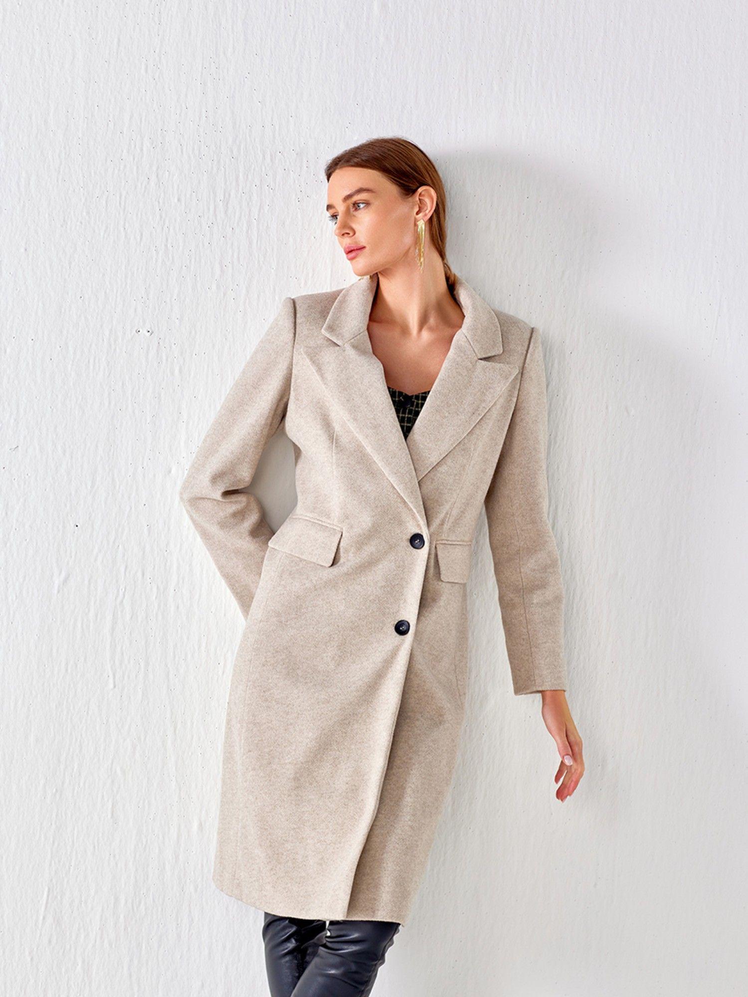 beige collared long coat