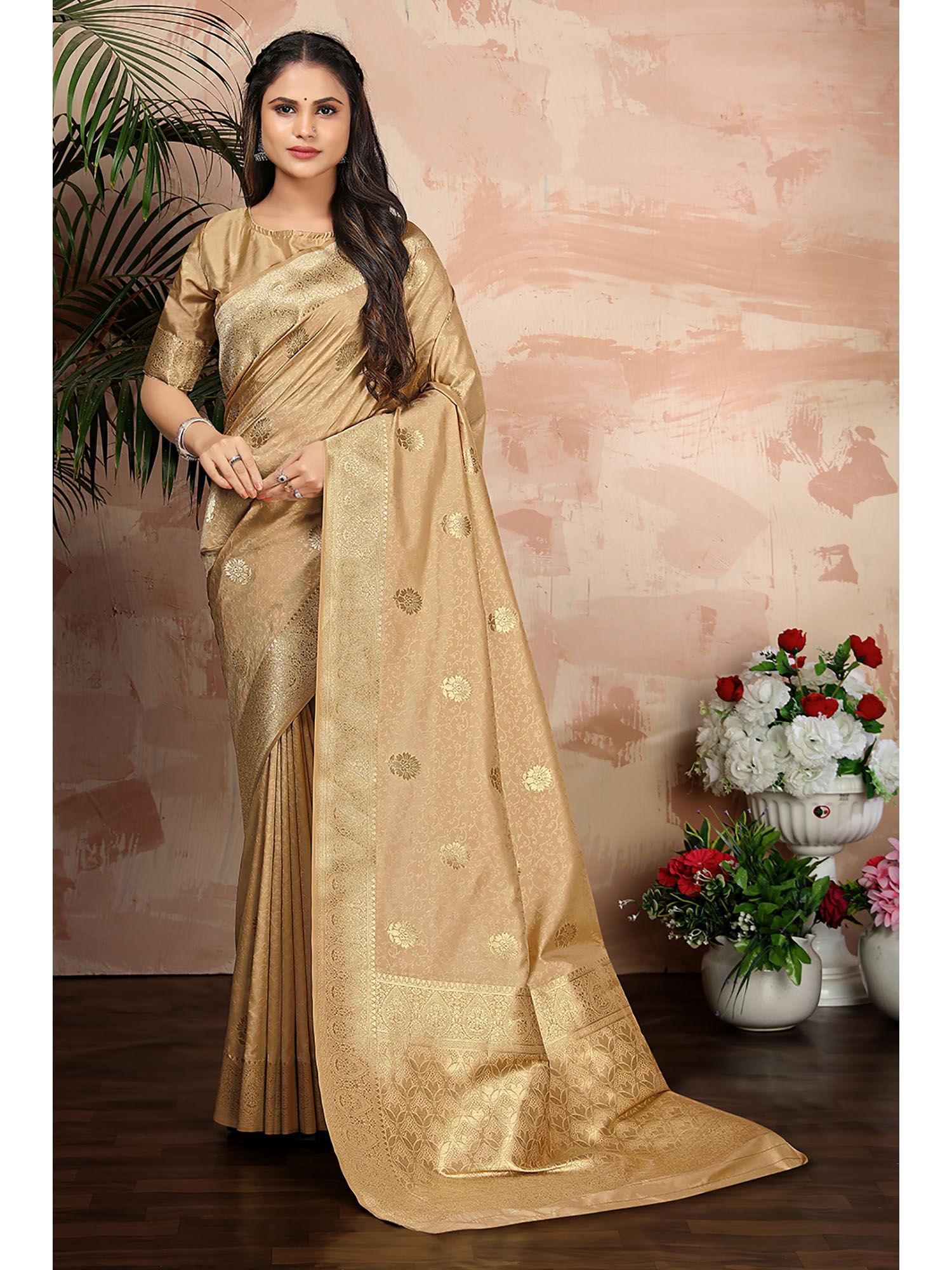 beige color banarasi silk blend woven traditional saree with unstitched blouse