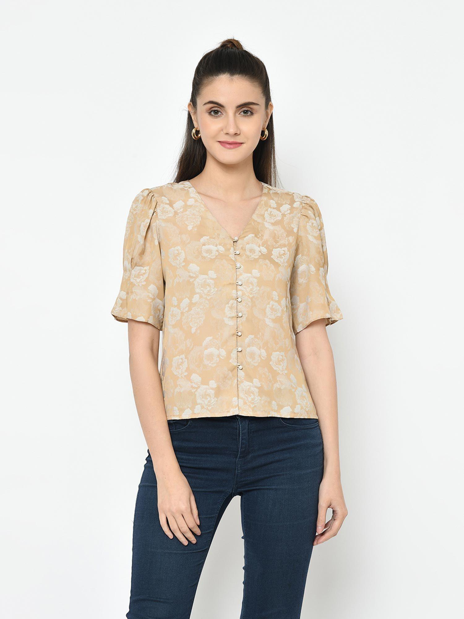 beige color half sleeve solid pattern blouse
