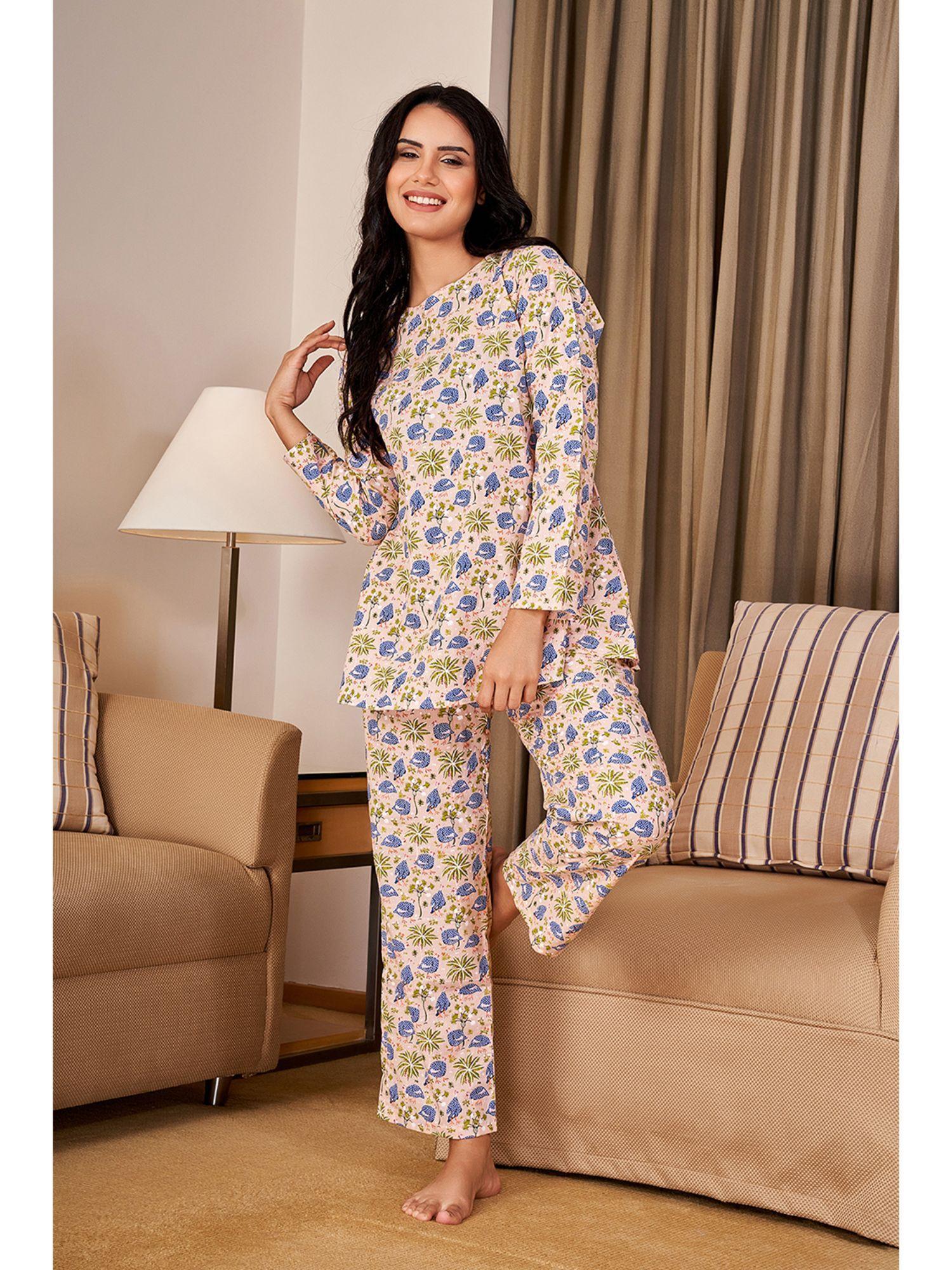 beige color printed women pure cotton top & pyjama night suit (set of 2)