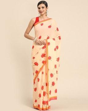 beige colour  printed pure cotton saree with unstitched blouse printed saree