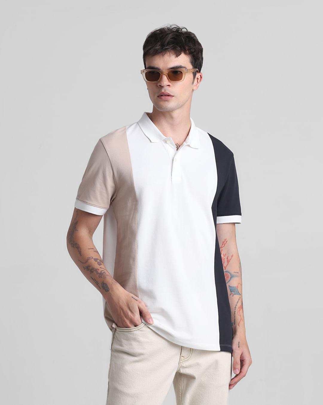 beige colourblocked cotton polo t-shirt