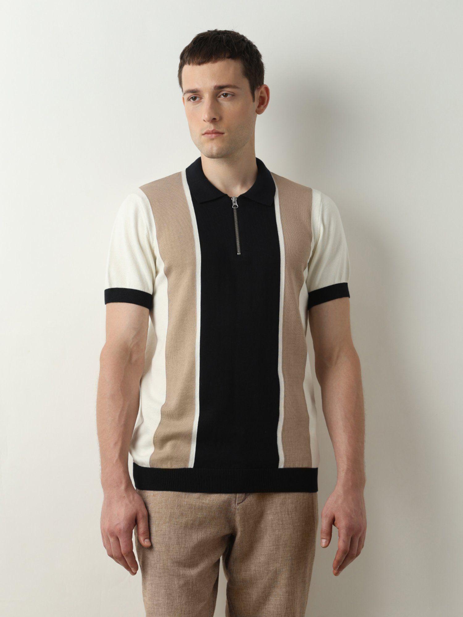 beige colourblocked knitted polo t-shirt