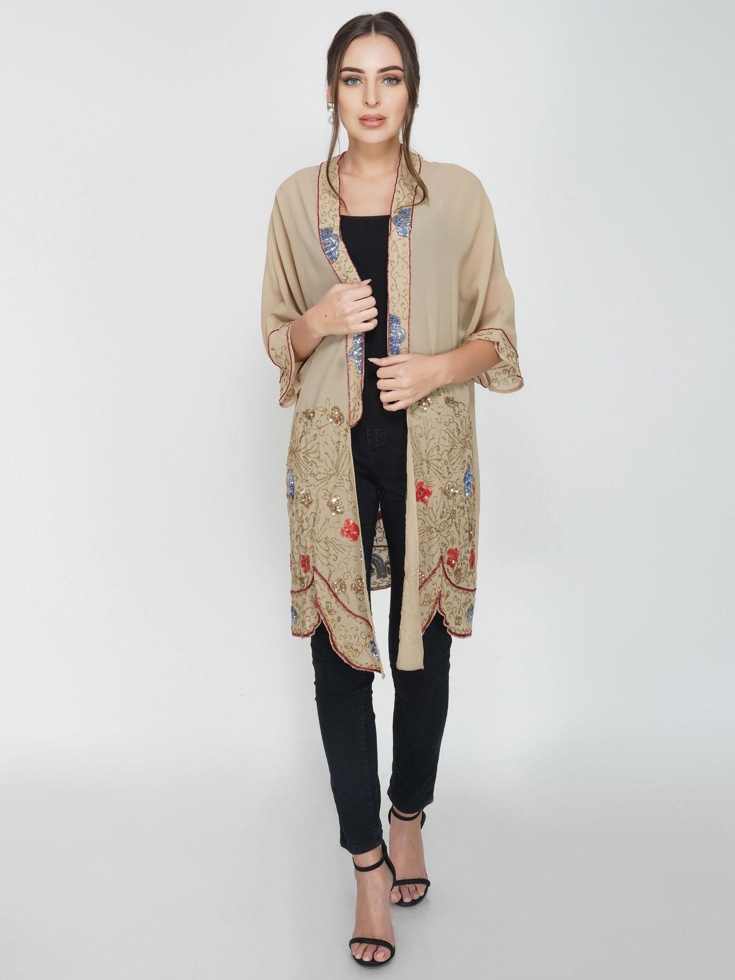 beige contrast embroidery shrug