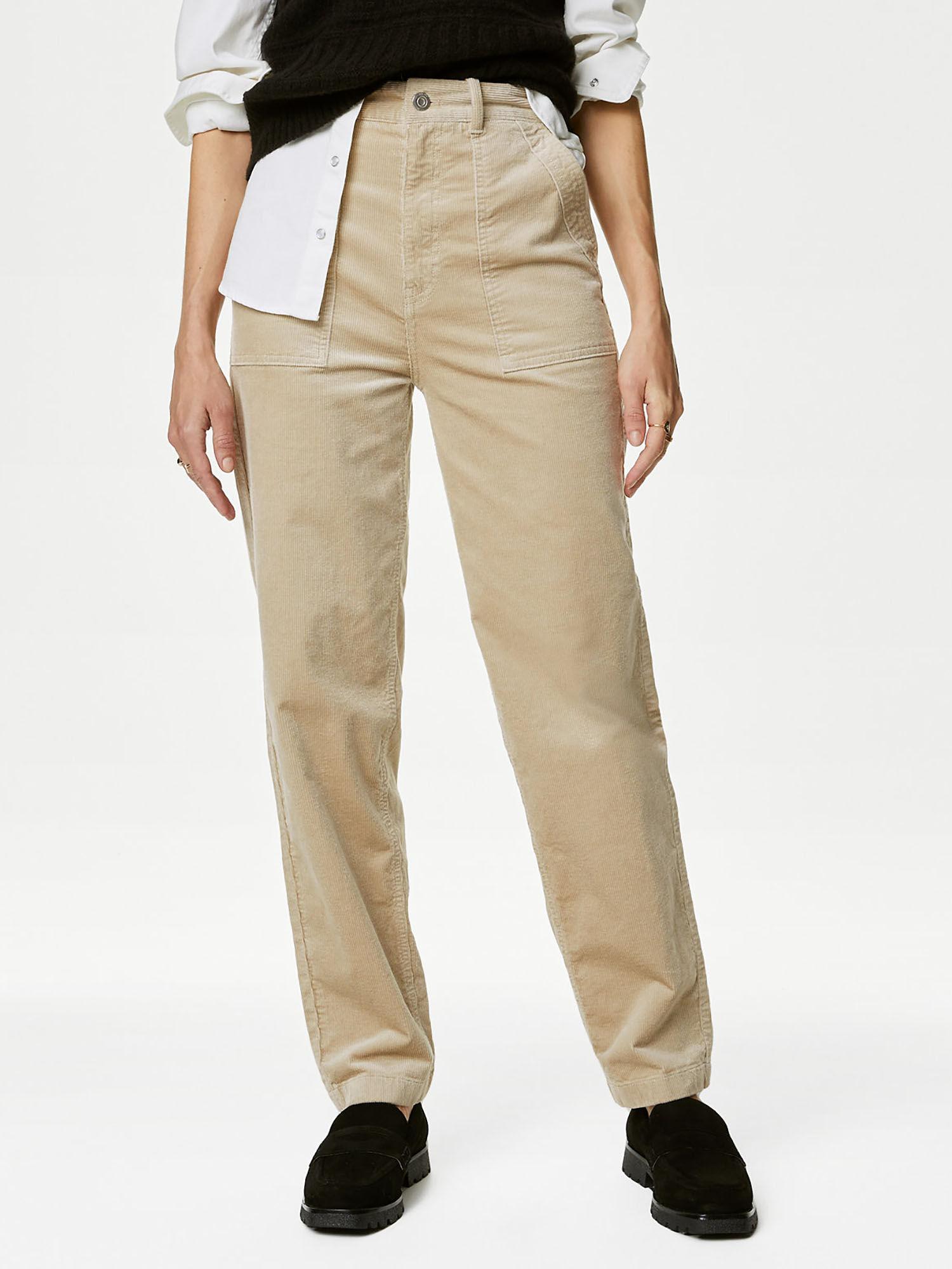 beige cord straight ankle grazer trousers