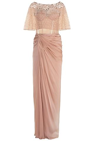 beige corset gown with embroidered cape