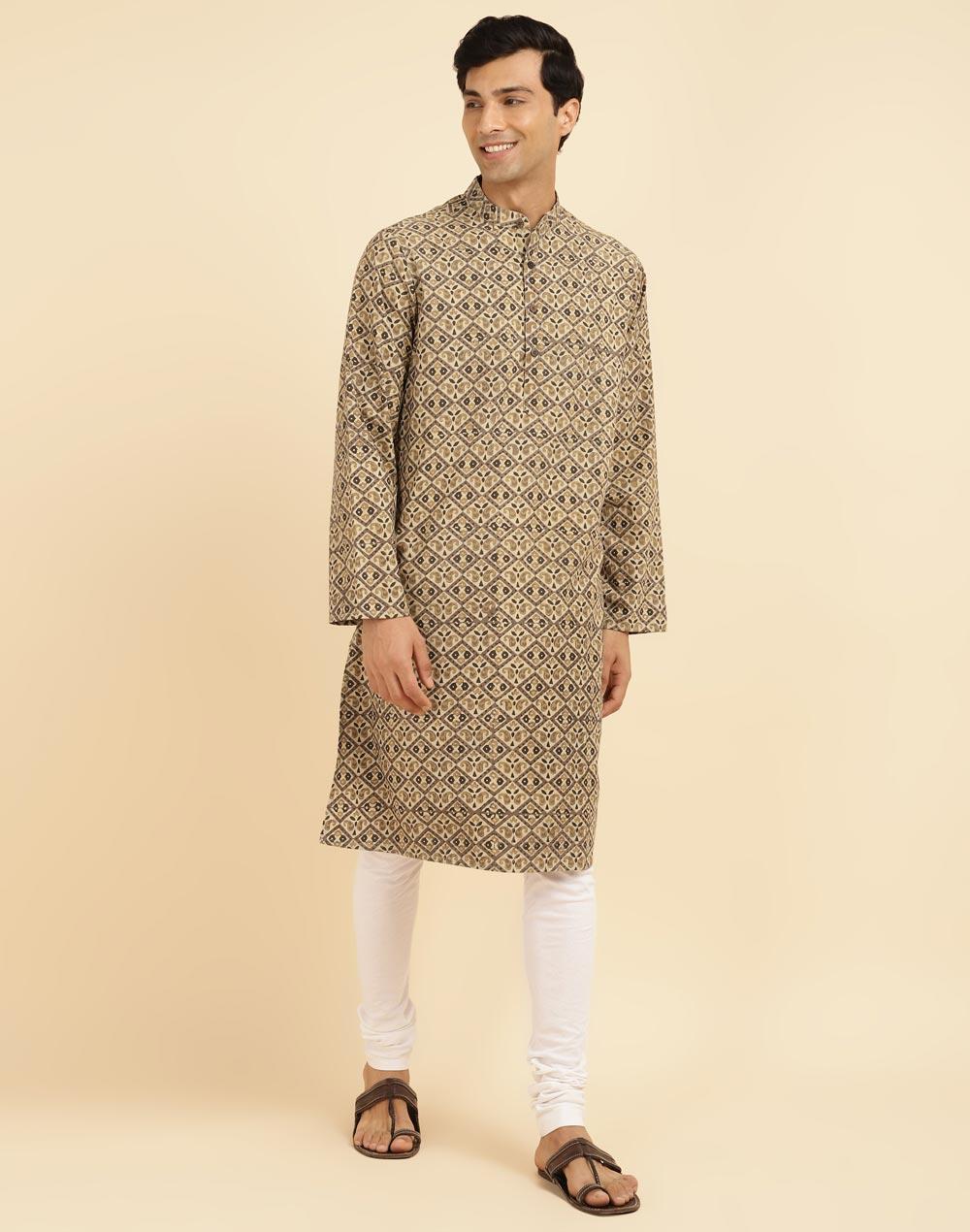 beige cotton ajrakh printed long kurta