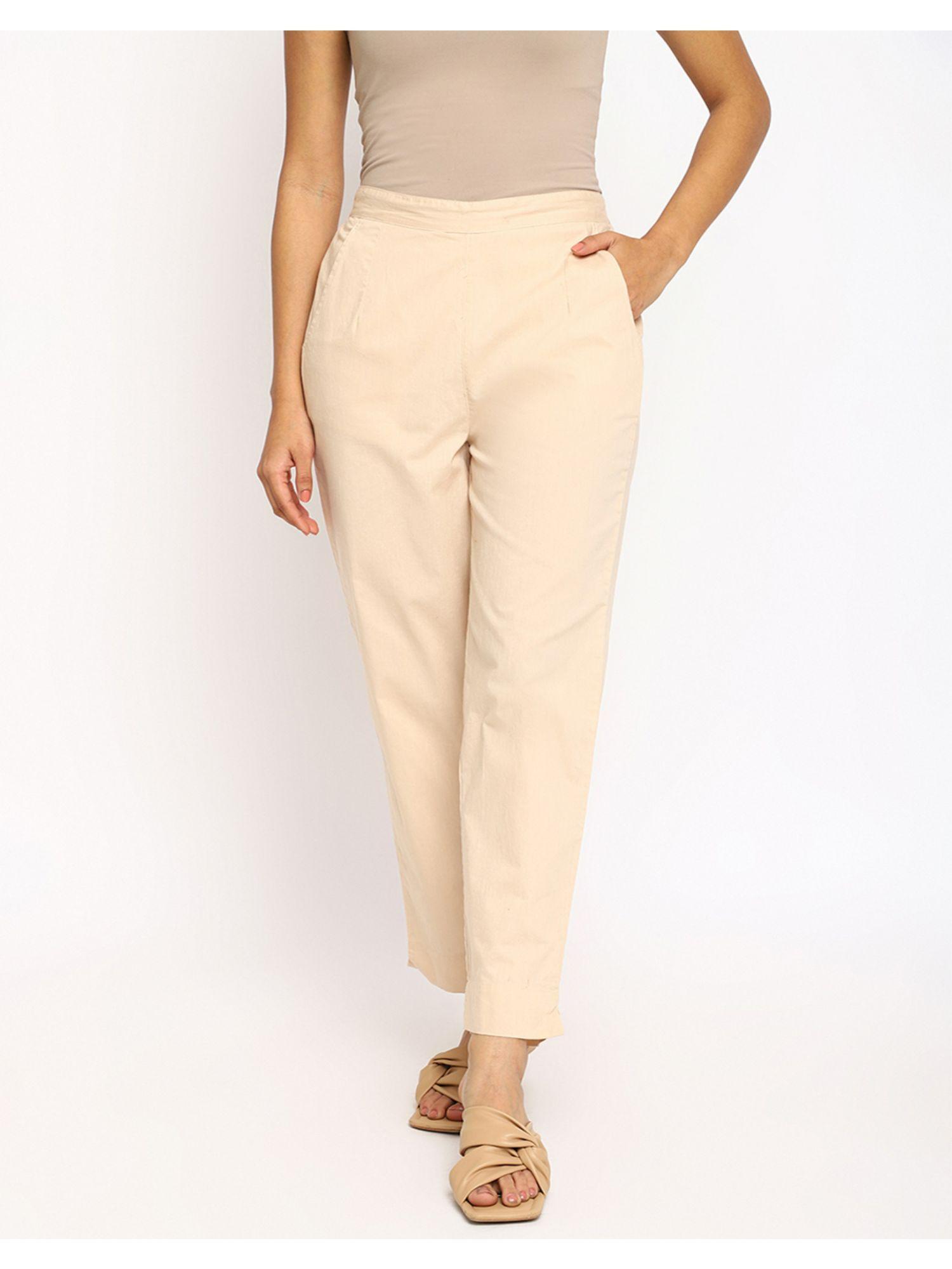 beige cotton ankle length casual pant