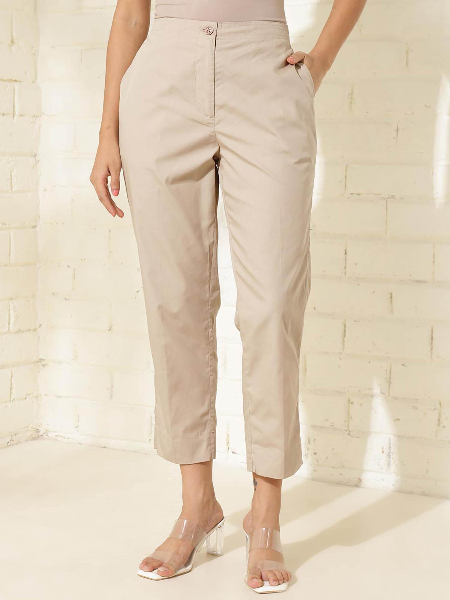 beige cotton ankle length slim fit casual pant