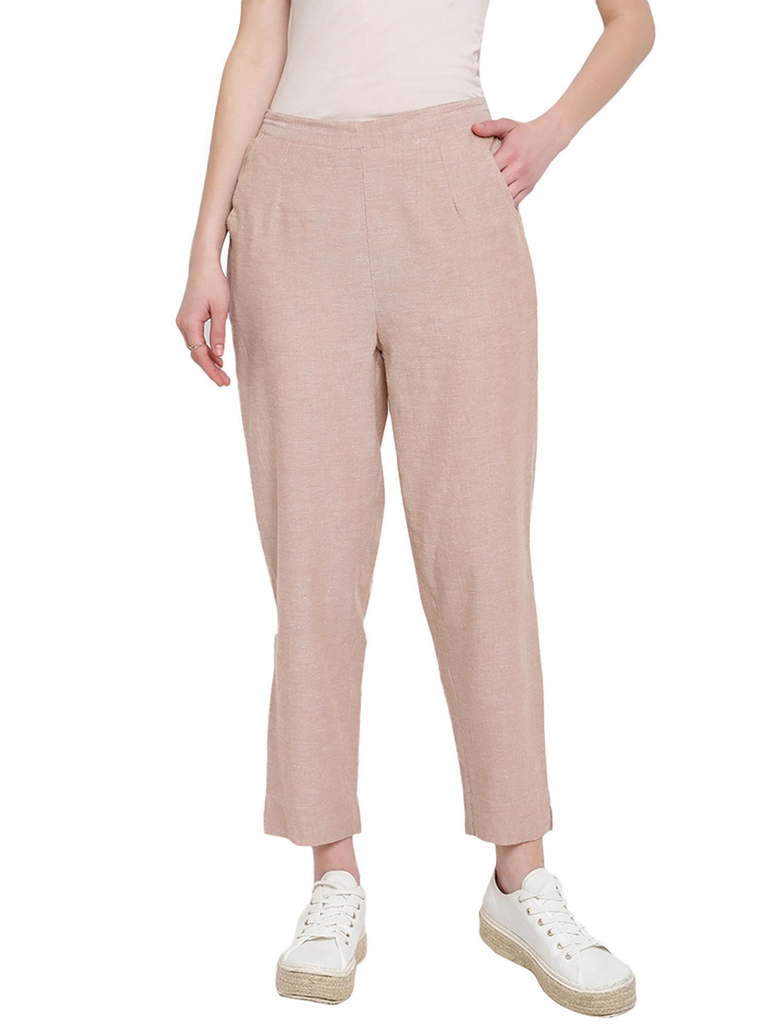 beige cotton ankle length tapered pant