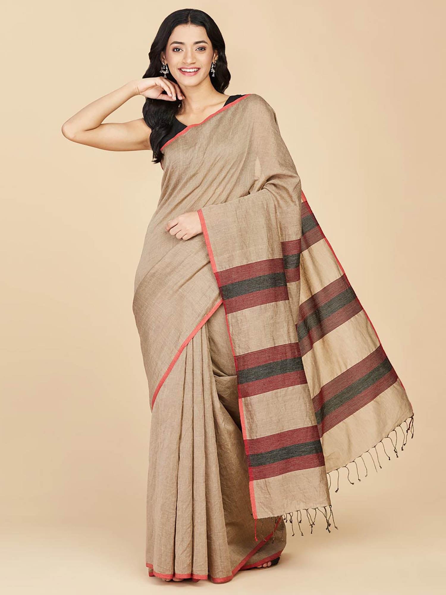 beige cotton blend hand woven saree without blouse