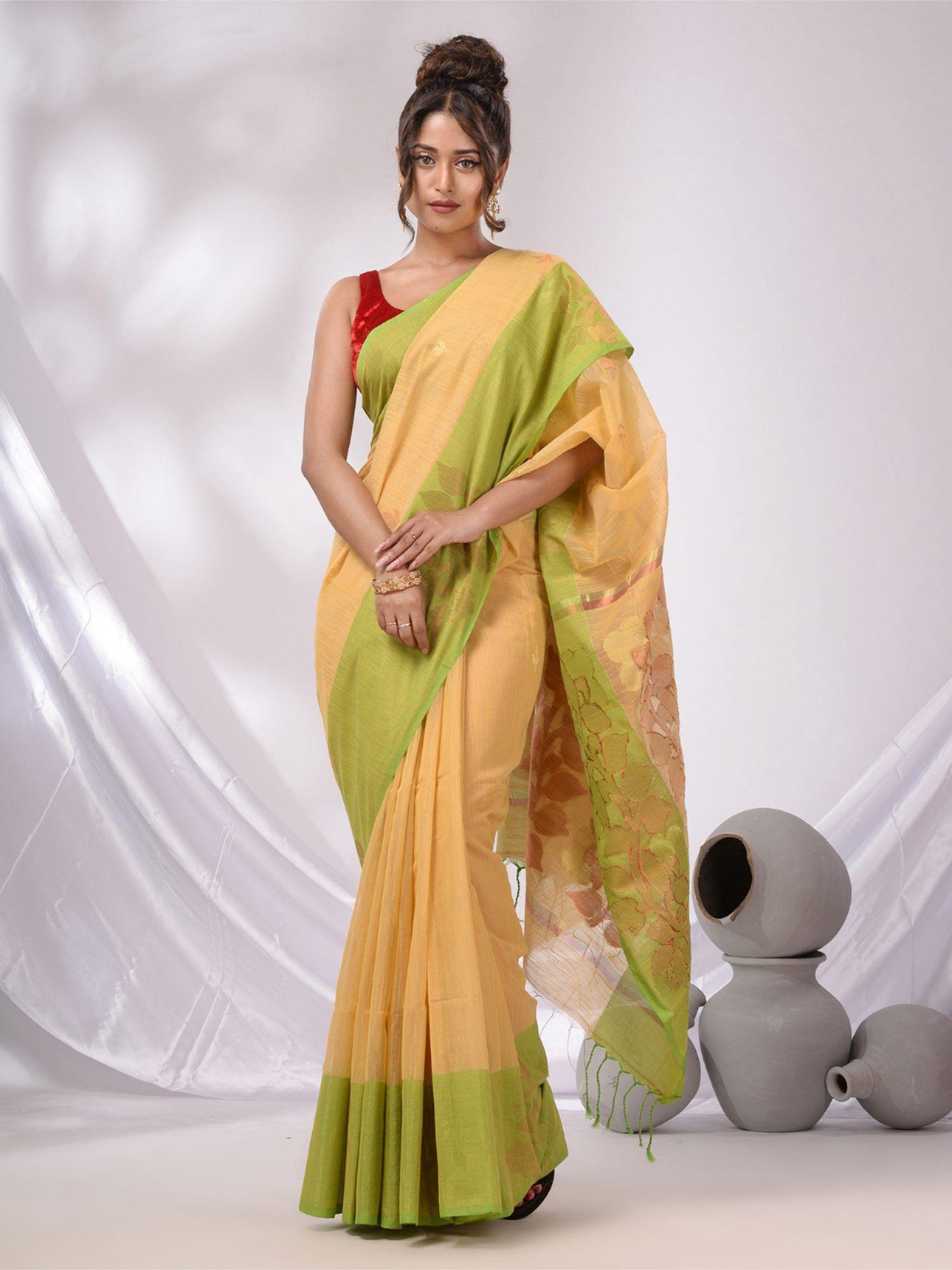 beige cotton blend handwoven saree with foliage pallu designs & unstitched blouse