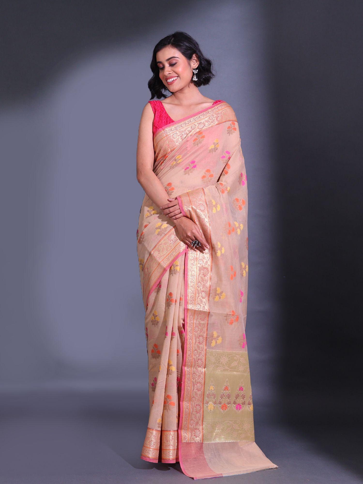 beige cotton blend handwoven zari damask motifs saree with unstitched blouse