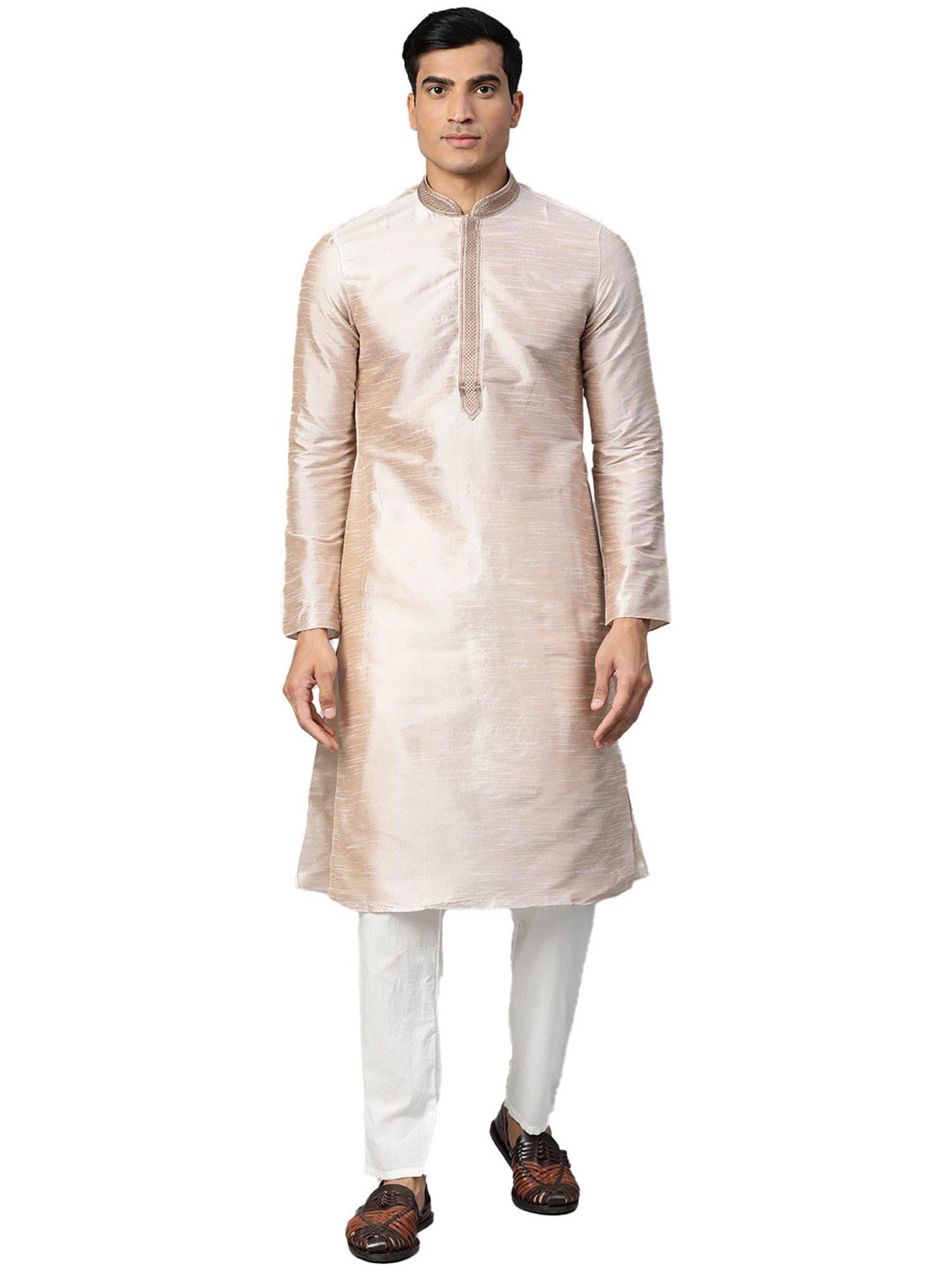 beige cotton blend kurta for men