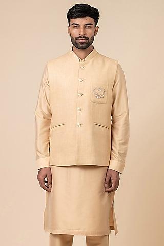 beige cotton blend thread embroidered bundi jacket