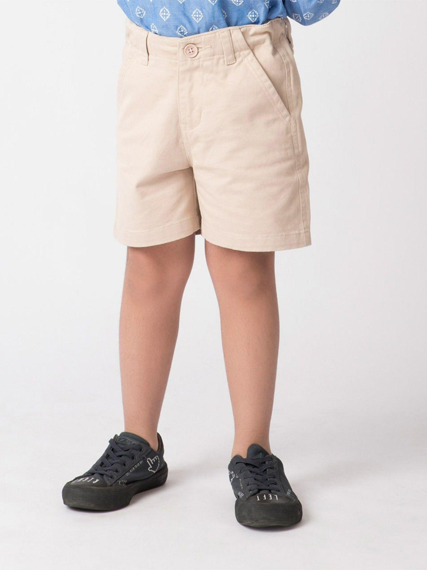 beige cotton blend twill weave shorts