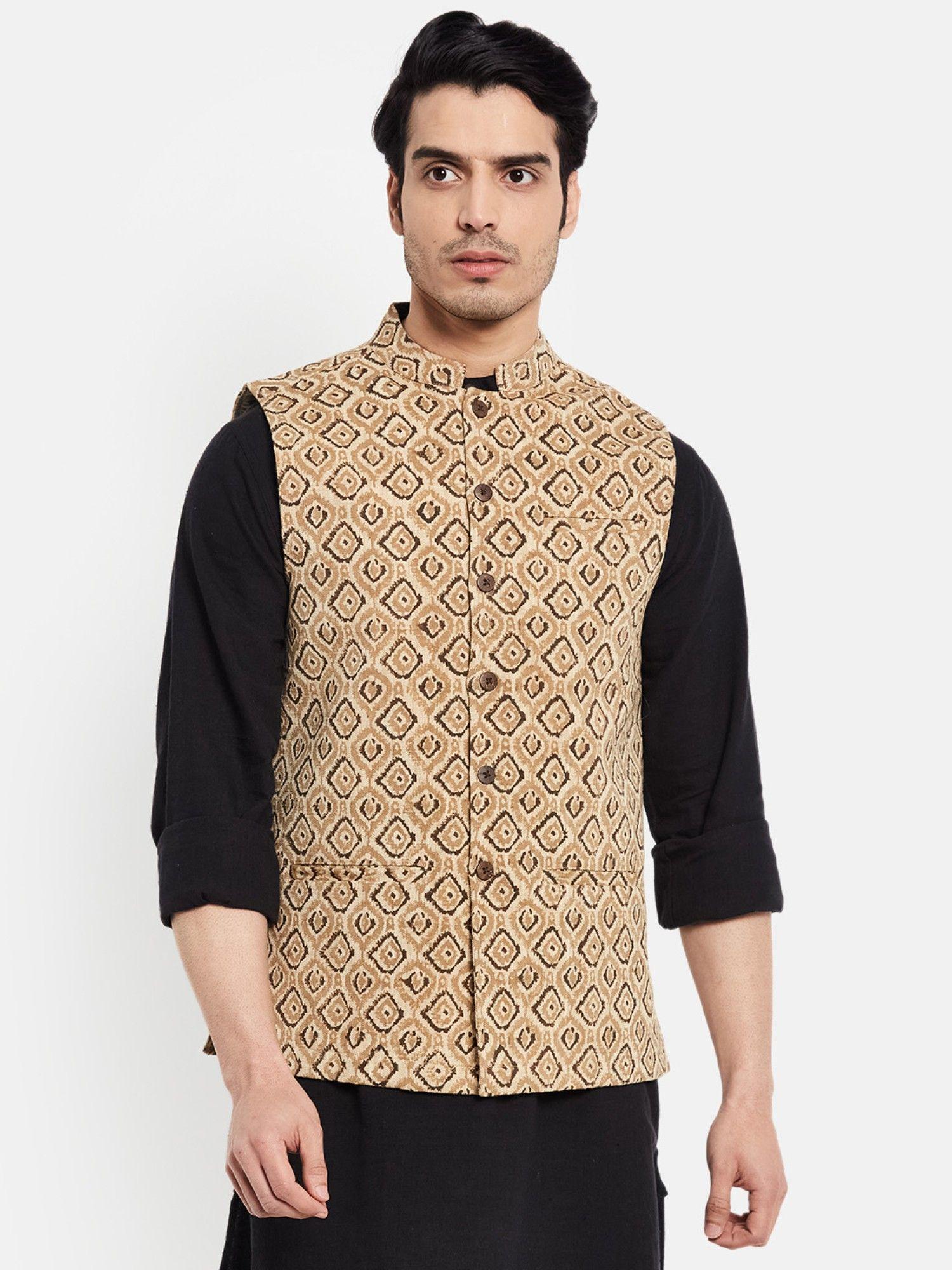 beige cotton block printed nehru jacket