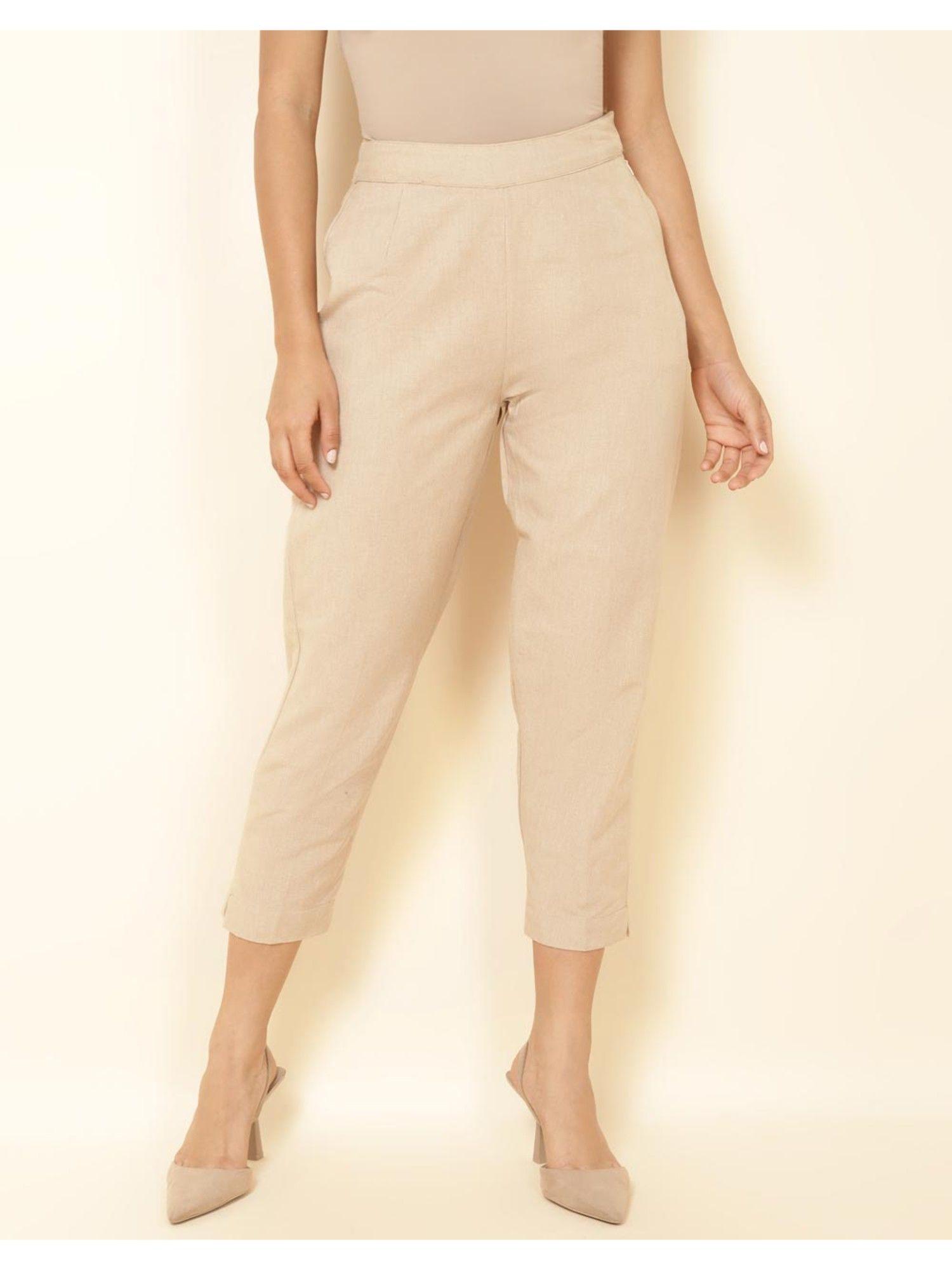 beige cotton casual slim cropped pant