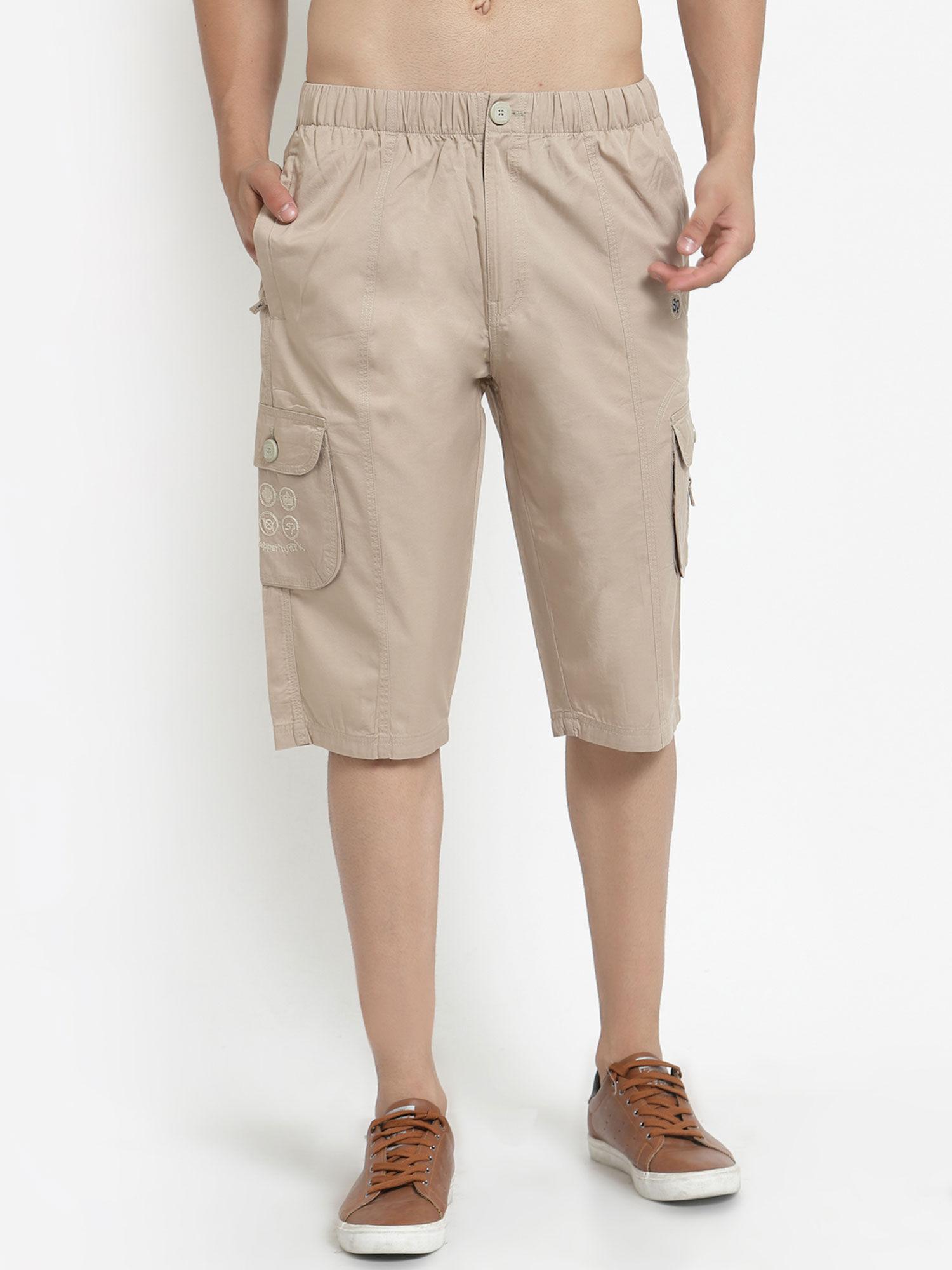 beige cotton casual wear 3/4 shorts