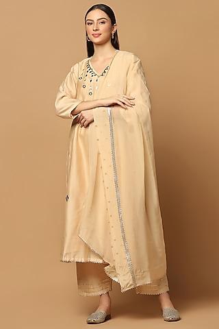 beige cotton chanderi embroidered kurta set
