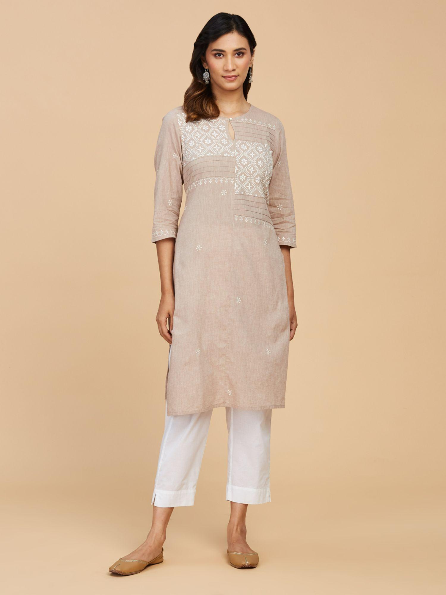 beige cotton chikankari knee length kurta