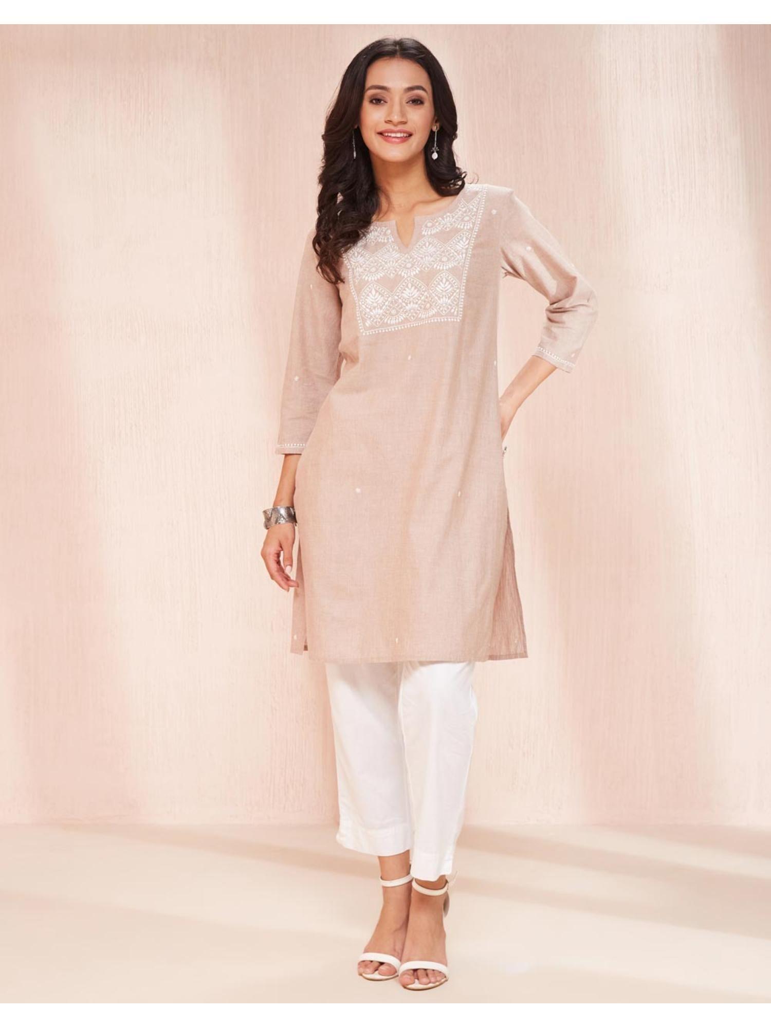 beige cotton chikankari knee length kurta