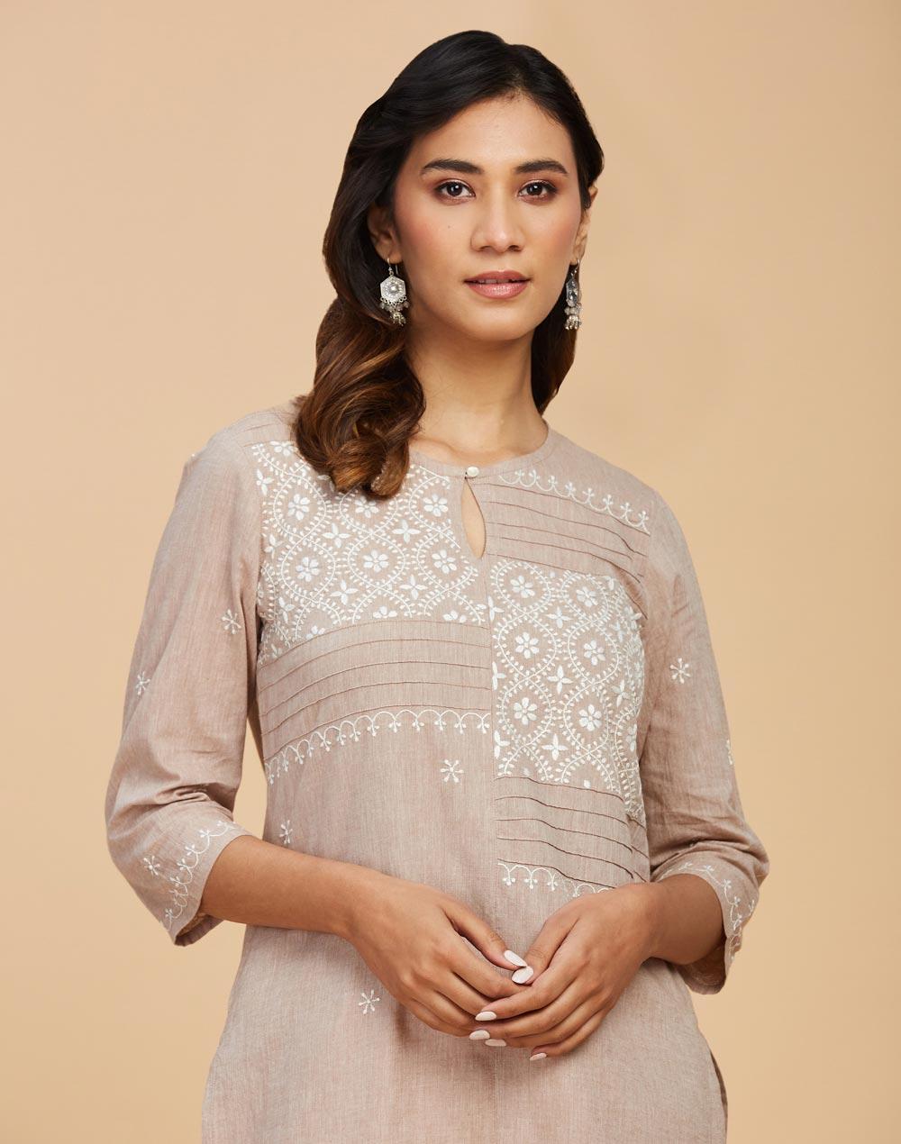 beige cotton chikankari knee length kurta