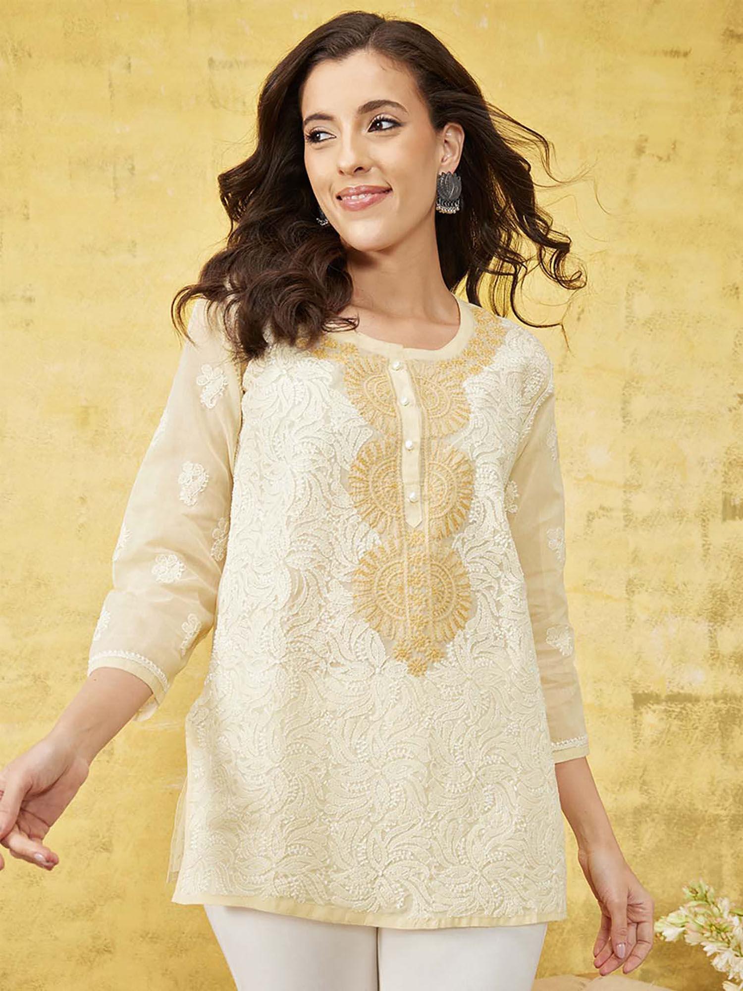 beige cotton chikankari kurti (xs) (a100242)