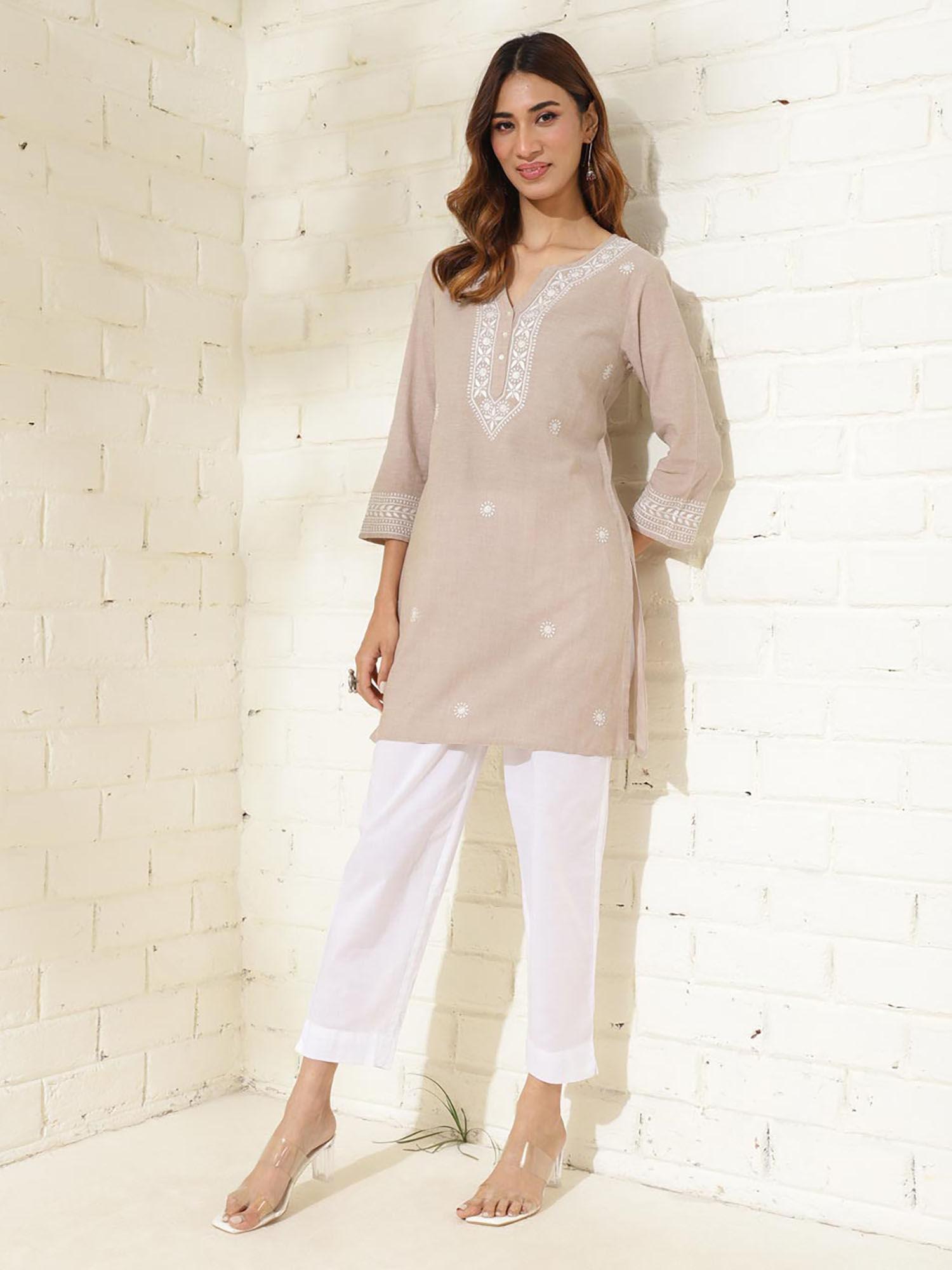 beige cotton chikankari slim fit kurti