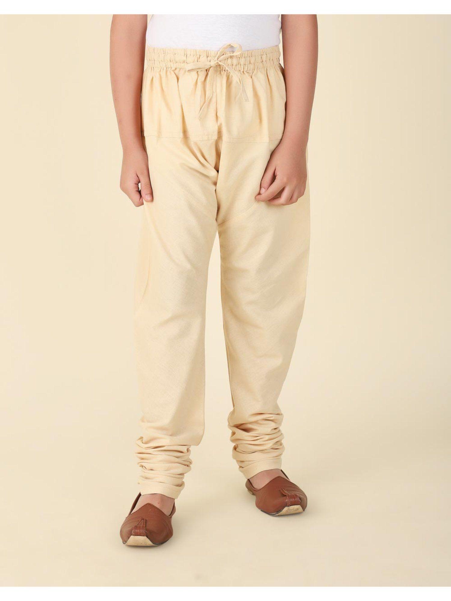 beige cotton churidar with elasticated waistband & drawstring
