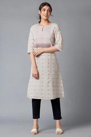 beige cotton dobby kurta with embroidered yoke