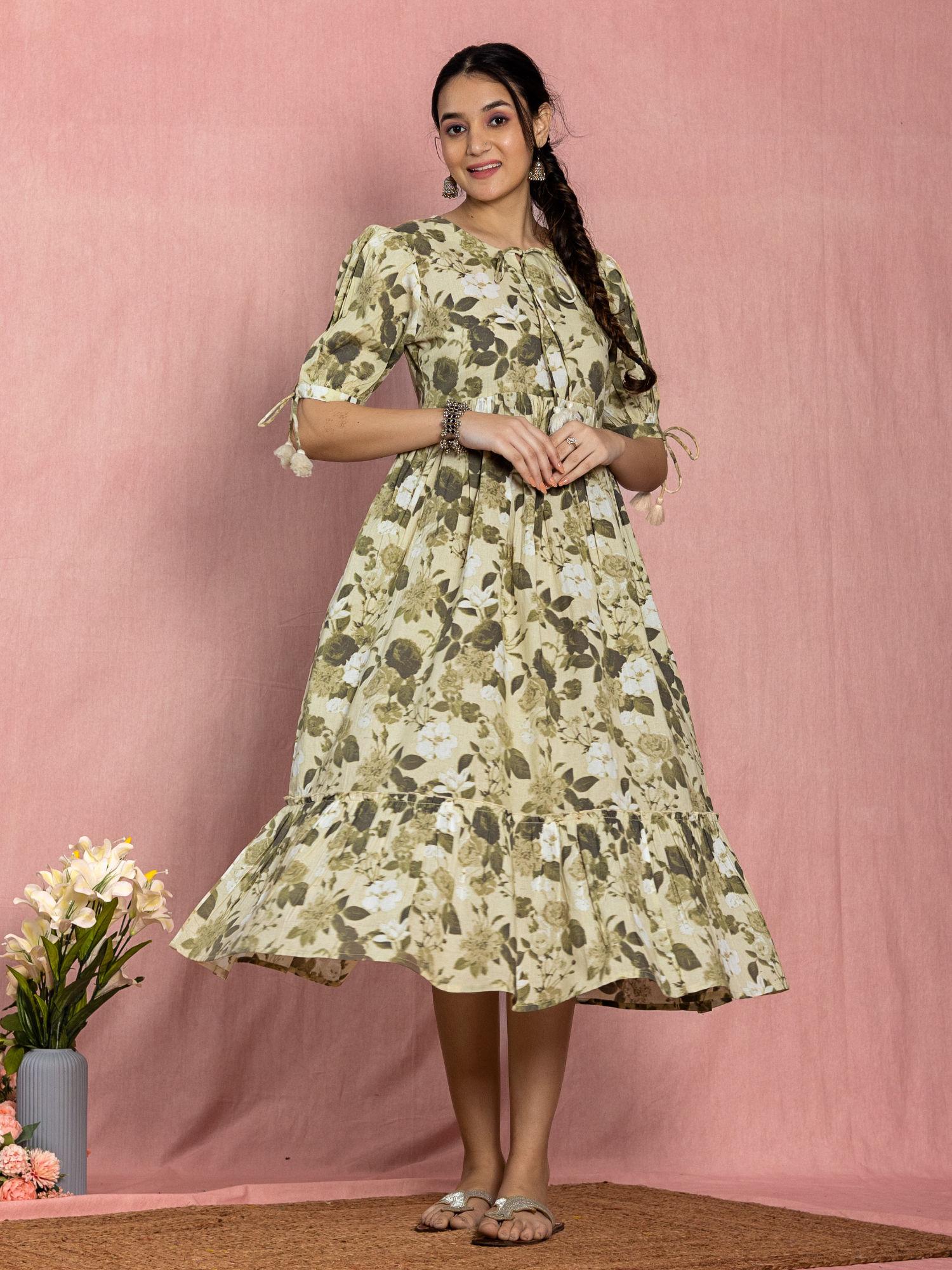 beige cotton flared floral printed dress