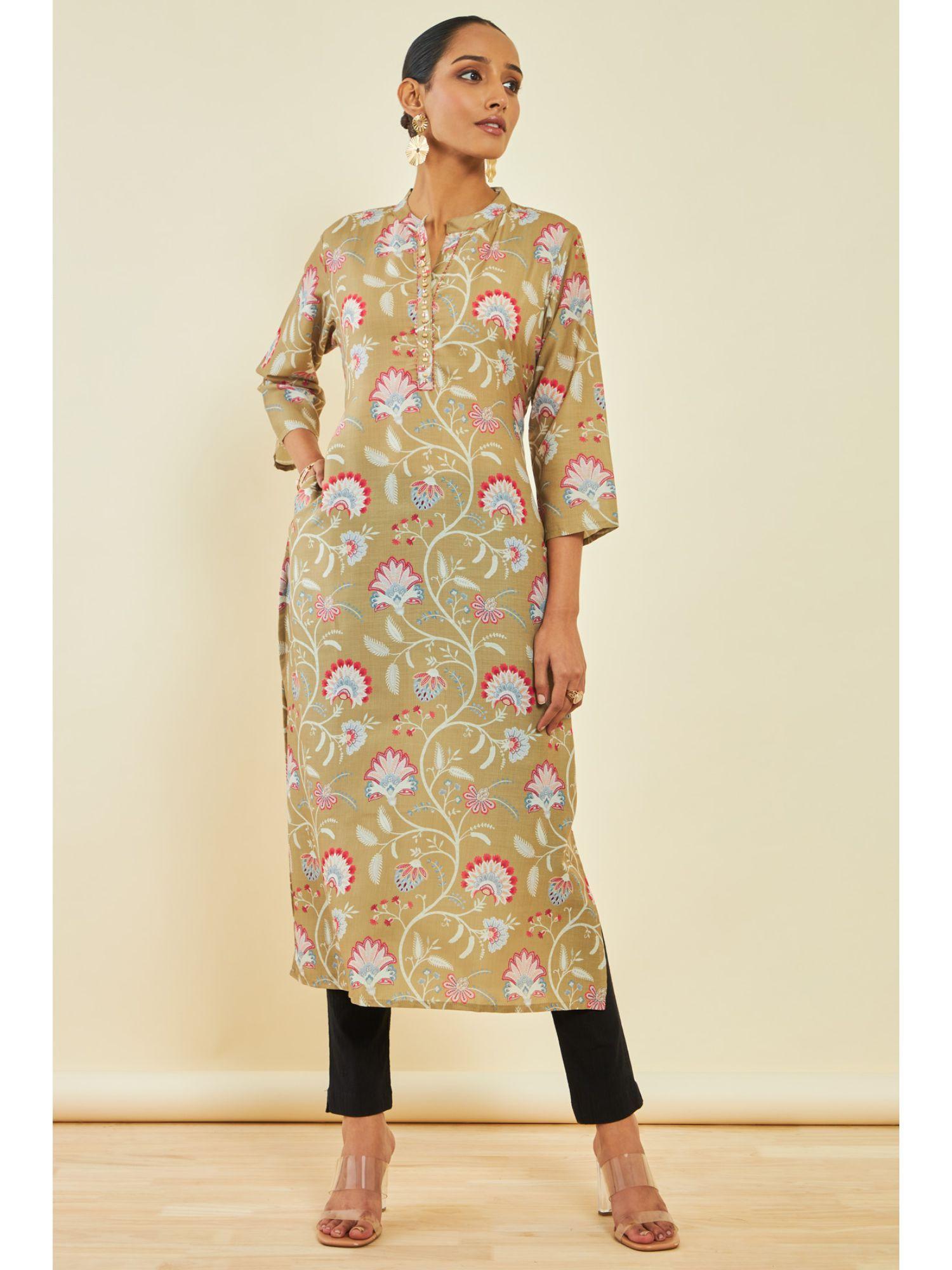 beige cotton floral print kurta