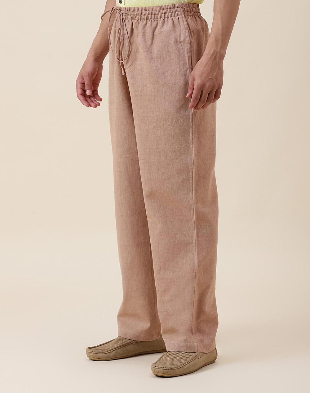 beige cotton full length drawstring pants