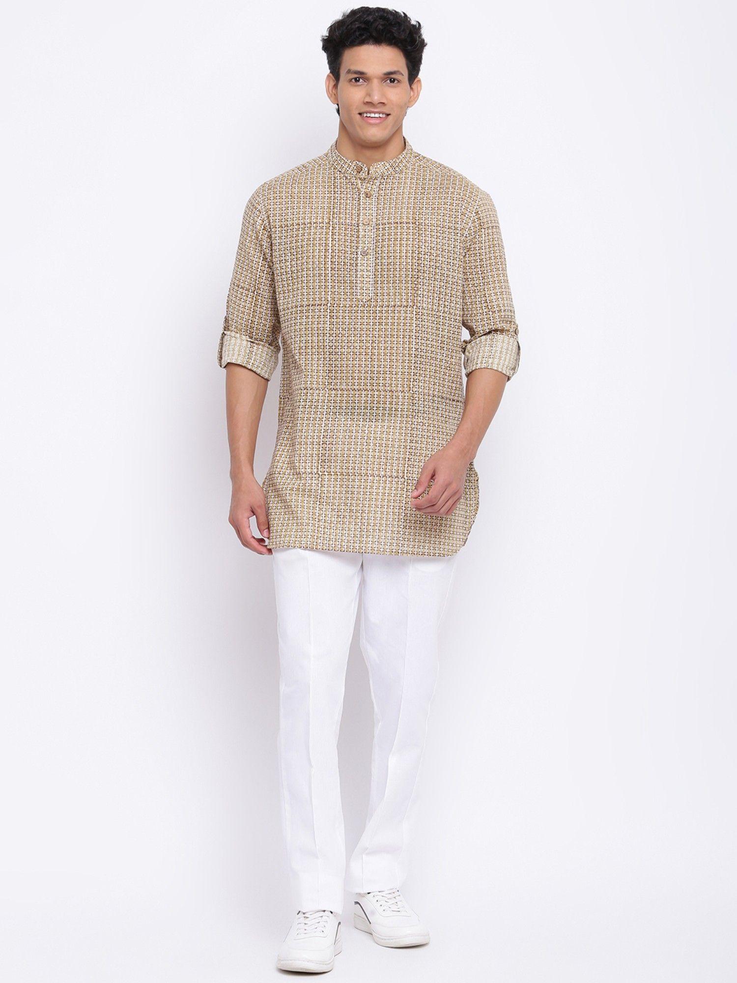 beige cotton hand block printed short kurta (set of 2)