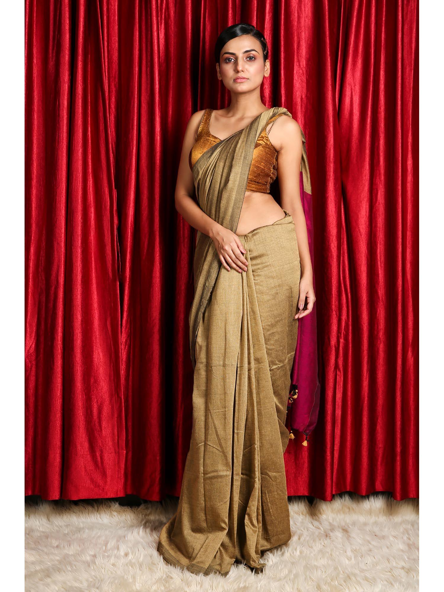 beige cotton handloom saree with unstitched blouse