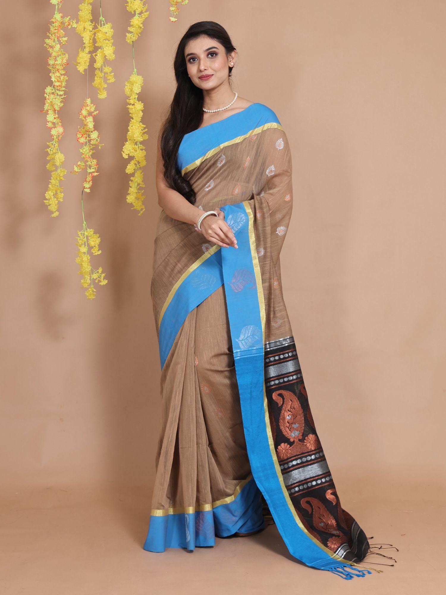 beige cotton handspun ethnic motifs & paisley designs saree with unstitched blouse