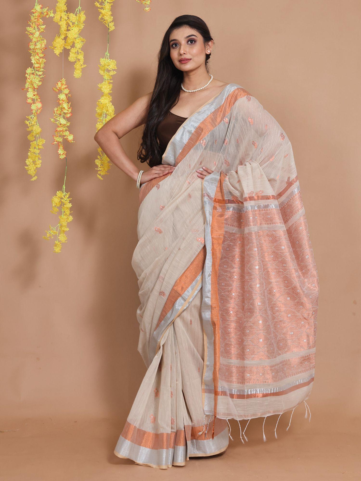 beige cotton handspun ethnic motifs & woven pallu saree with unstitched blouse