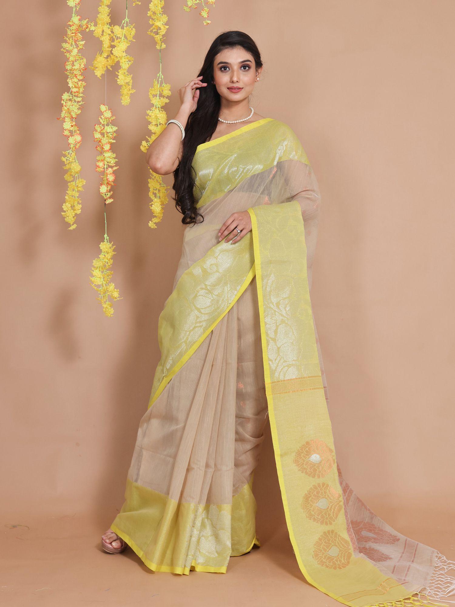 beige cotton handspun zari woven designs & motifs saree with unstitched blouse