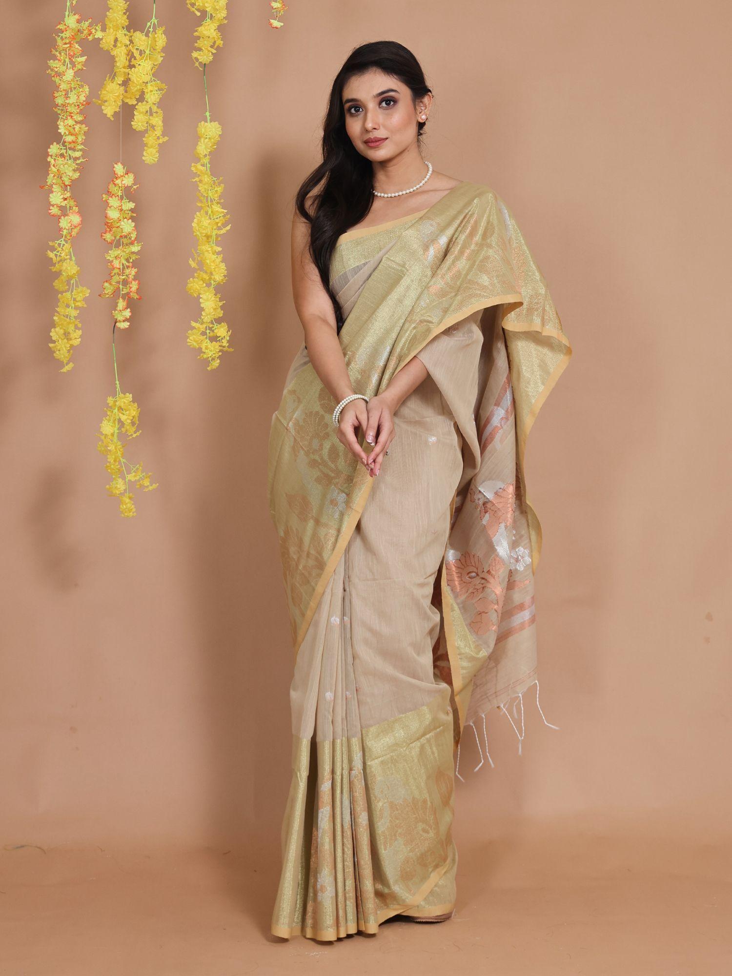 beige cotton handspun zari woven floral & bird designs saree with unstitched blouse