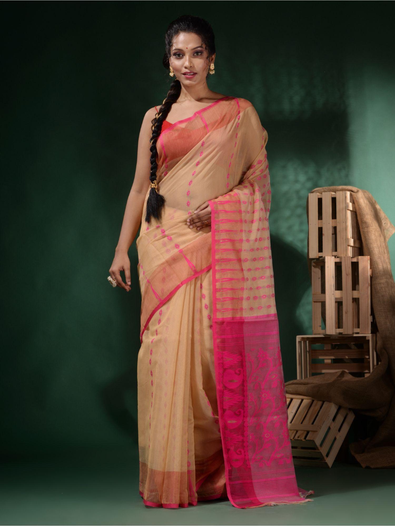 beige cotton handwoven jamdani woven designs and patterns saree