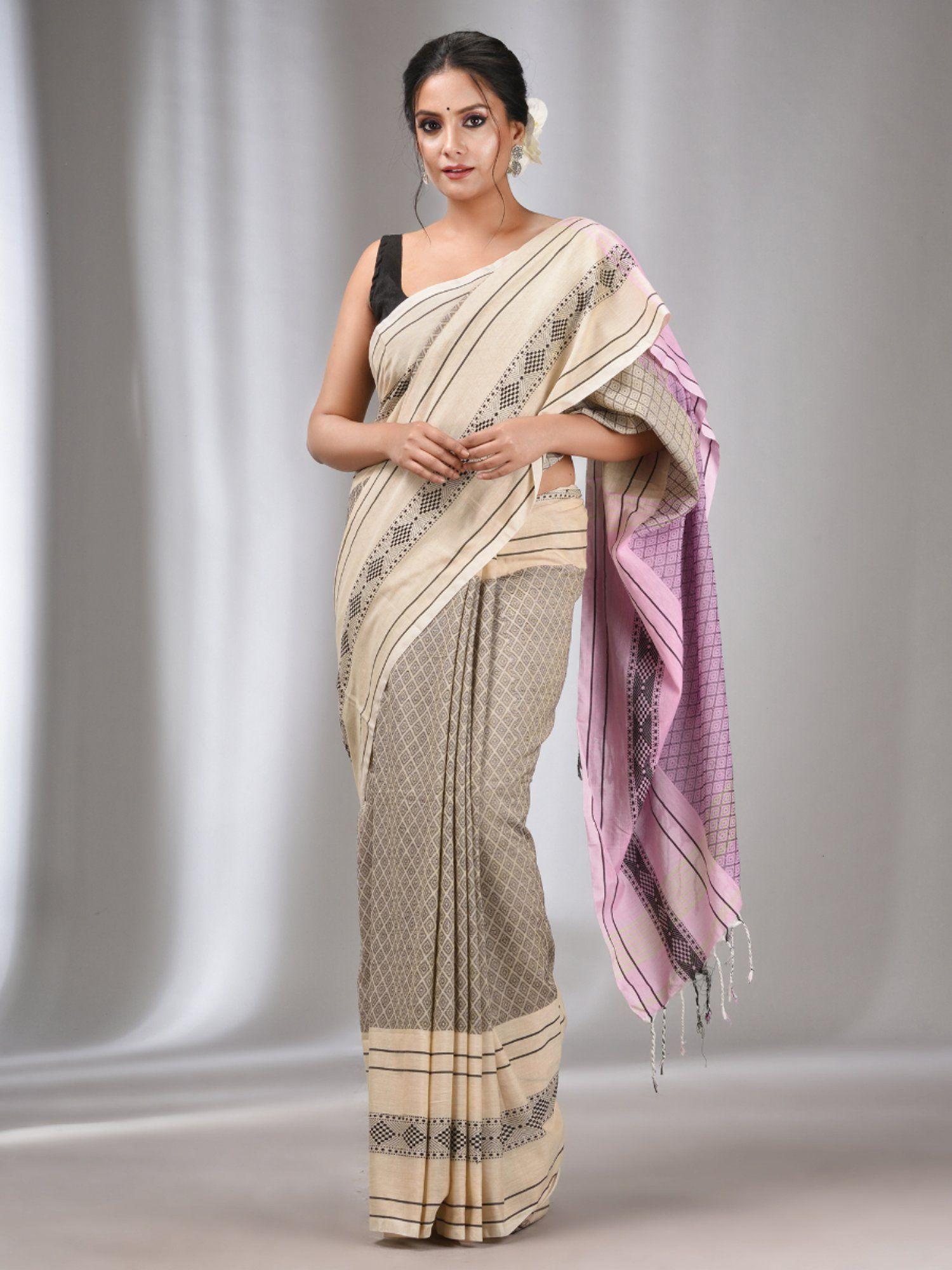 beige cotton handwoven saree with texture designs with unstitched blouse