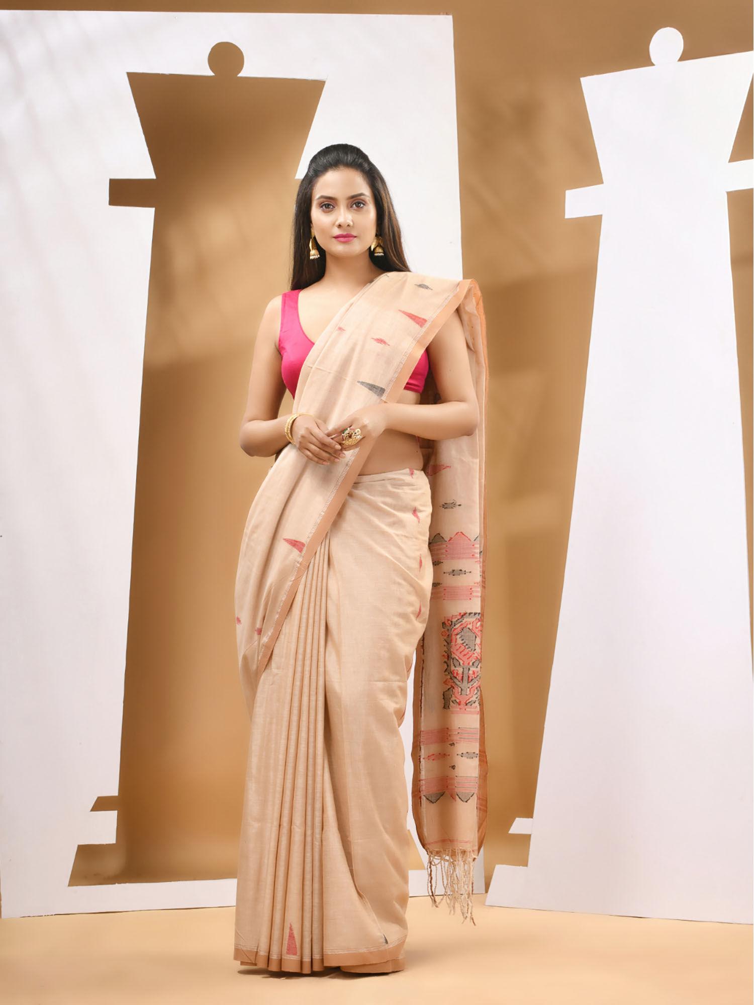 beige cotton handwoven woven saree with unstitched blouse