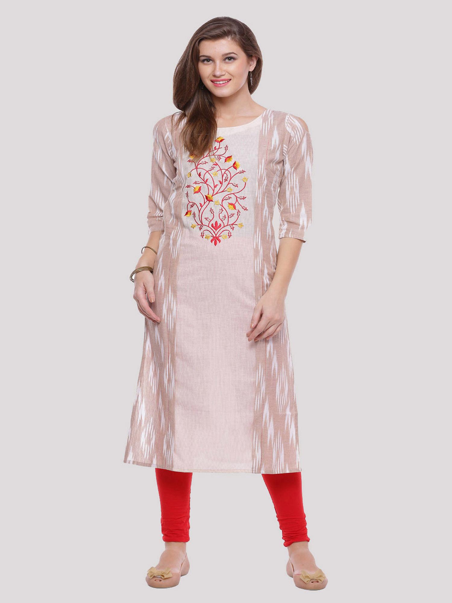 beige cotton ikat embroidered kurta