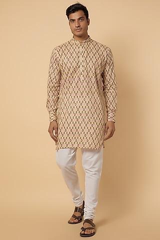 beige cotton ikat printed kurta set for boys