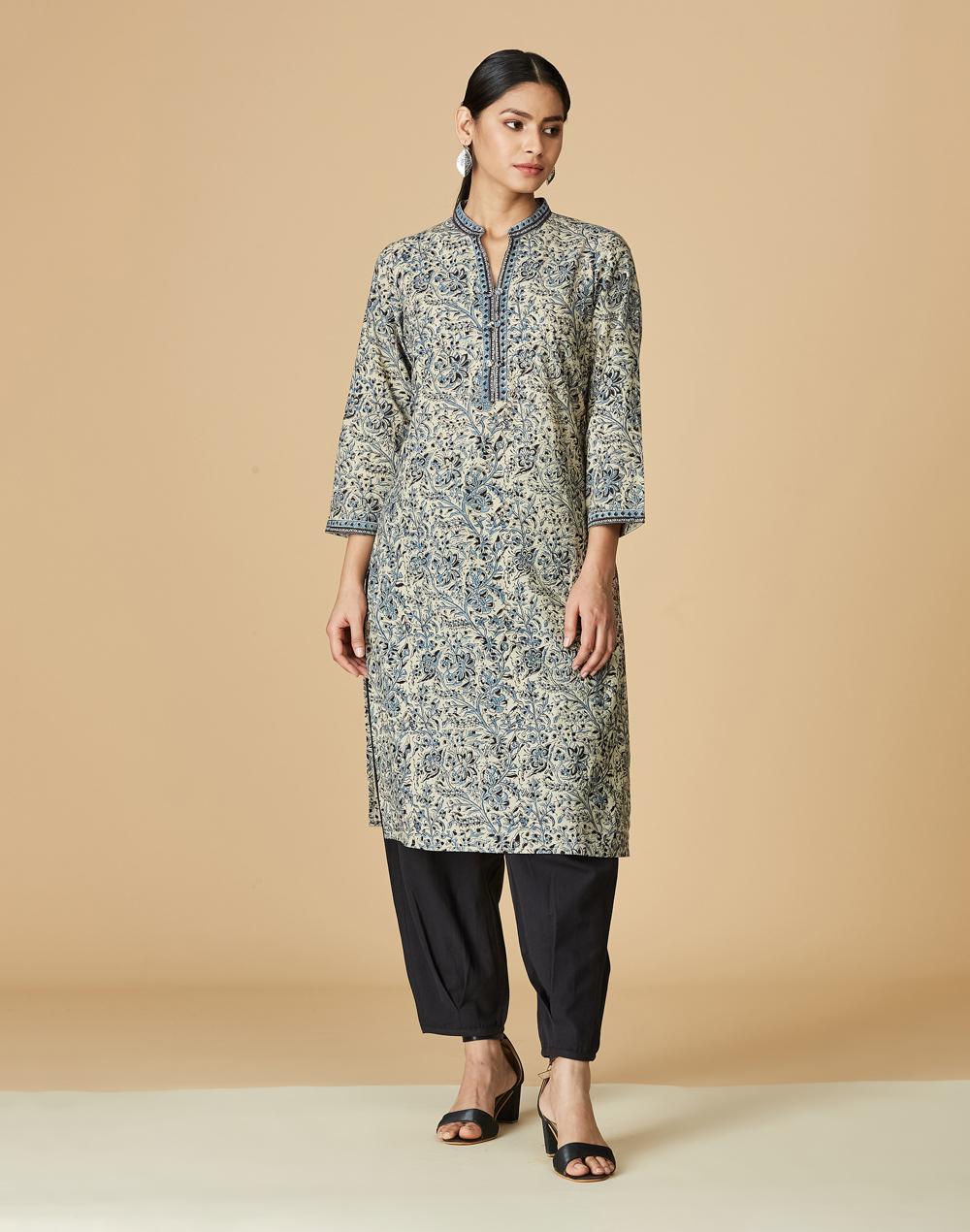 beige cotton kalamkari knee length kurta