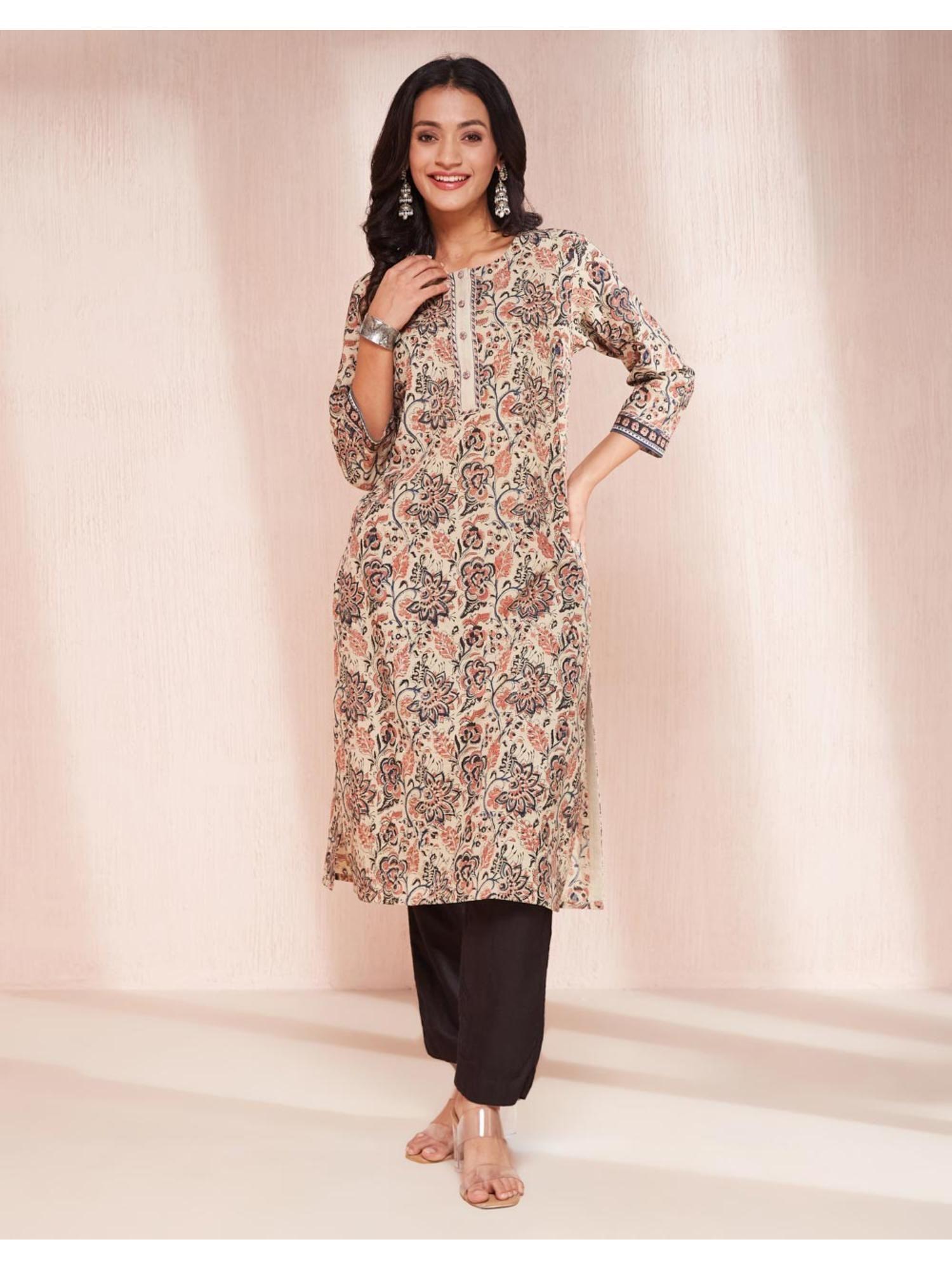 beige cotton kalamkari printed long kurta